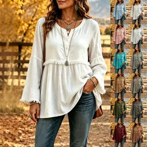 Women Casual V-Neck Tassel Long Sleeve Blouse Retro Bohemian Loose Fit Cotton Shirt Solid Color Breathable Tunic Shirt Top