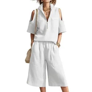 Conjunto de verano de dos piezas para mujer blanco con top con cremallera y shorts