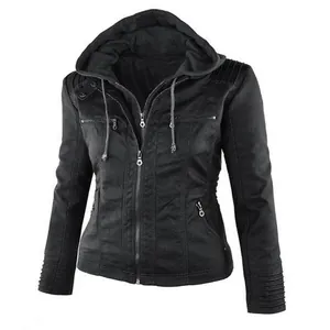 Women's black hooded jacket featuring multiple zipper details and ribbed shoulder textures