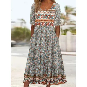 Close-up detail of bohemian retro floral print on a summer short sleeve round neck midi dress