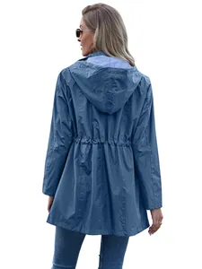 Detailed back view of women's blue hooded mid-length raincoat with adjustable drawstring waist