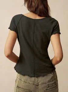 Back view of bohemian dark grey t-shirt with lettuce edge and center seam detail