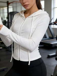 Close-up view of a white ribbed zip-up hooded sports jacket featuring a slim fit design.
