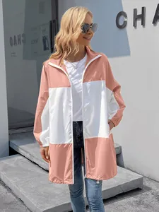 Outdoor waterproof windbreaker jacket featuring stylish pink and white color-block design