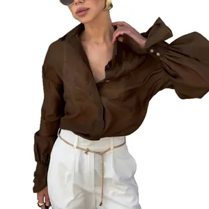 Blusa marrón holgada de manga larga con elegantes mangas farol y cuello de solapa