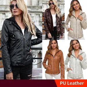 Women Plus Size Hooded Faux Leather Jacket Slim Fit PU Motorcycle Jacket Zip Up Long Sleeve Punk Outerwear Top
