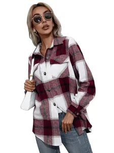Chaqueta de camisa a cuadros casual para mujer en franela gruesa burdeos y blanco
