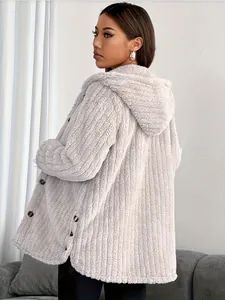 Back view of a cozy grey plush hooded jacket with button details and soft texture