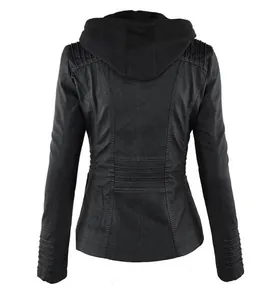 Back view of women's slim fit black hooded faux leather jacket with ribbed detailing