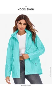 Outdoor hooded turquoise waterproof jacket shown on model for stylish rain protection