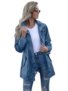 Detailed view of women's blue hooded mid-length rain jacket with zipper closure