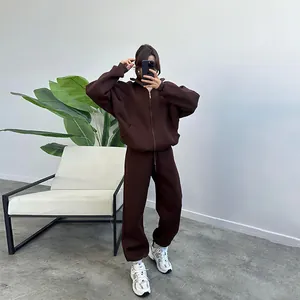 Oversized brown fleece zip-up hoodie and jogger set for women's cozy winter streetwear