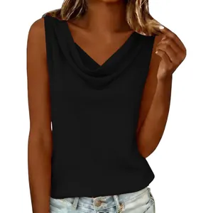 Close-up detail of women's casual black sleeveless top featuring a stylish cowl neckline