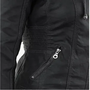 Close-up detail of black leather jacket with zipper pocket and decorative stitching.