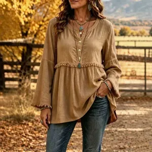 Bohemian long-sleeve tassel tunic shirt for women in earthy brown color, autumn style