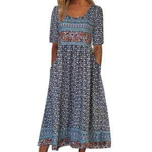 Front view of summer floral print mid-length dress with short sleeves and pockets.