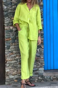 Ensemble deux pièces en lin vert citron avec chemise et pantalon à taille élastique