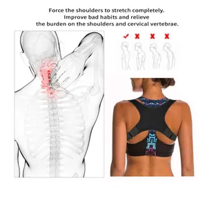 Adjustable back posture corrector shown with spinal relief diagram for shoulder support