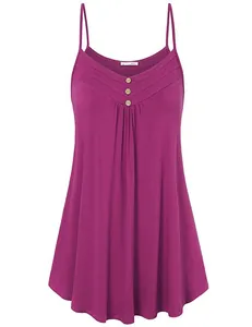 Detailed view of women's sleeveless purple camisole with V-neck and decorative wooden buttons