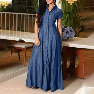 Casual short sleeve blue denim maxi dress featuring a shirt collar and front pockets