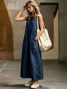 Stylish navy blue sleeveless maxi dress with side pockets for casual summer wear