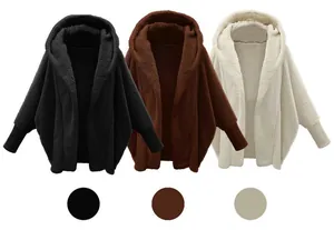 Three colors of oversized fuzzy hooded jackets for women in black, brown, and beige.