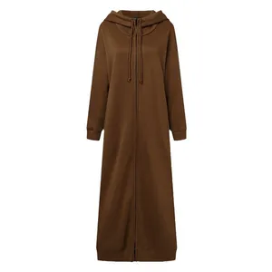 Women's full-zip hooded long sweatshirt robe in solid coffee brown, plus size casual wear