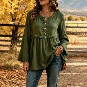 Olive green casual long sleeve V-neck blouse with fringe details for women