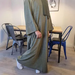 Elegant solid color round neck loose modest abaya robe for women in olive green