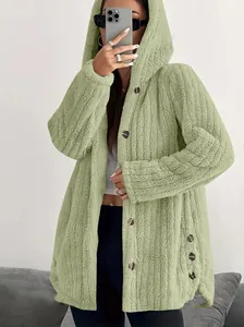 Cozy sage green fuzzy hooded cardigan with large decorative buttons and a loose fit.