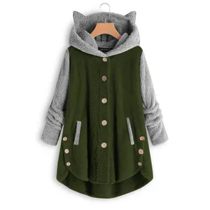 Dames fleece vest met capuchon, kattenoren, decoratieve knopen en onregelmatige zoom