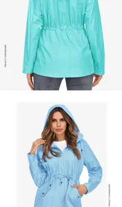 Vue détaillée avant et arrière d'un imperméable à capuche pour femme avec taille ajustable