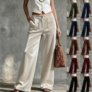 Pantalon Femme en Velours Taille Haute Jambe Large Couleur Unie Droit Décontracté Avec Poches Automne Hiver