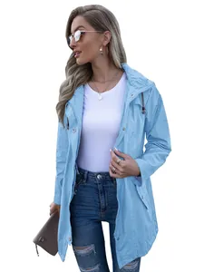 Light blue women's mid-length hooded rain jacket with zip closure and windproof fabric