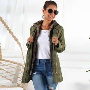 Stylish women's olive green mid-length parka with faux fur collar and plush lining