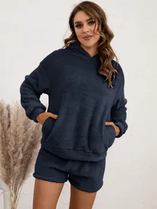Comfortable navy blue sherpa fleece hoodie and shorts lounge set for cozy winter wear