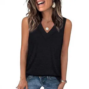 Casual women's V-neck sleeveless tank top in solid black cotton blend fabric