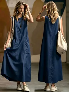 Elegant sleeveless solid blue maxi dress featuring pockets and comfortable linen style
