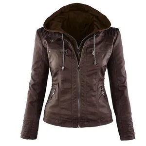 Detailed view of a brown hooded faux leather jacket with multiple zipper pockets
