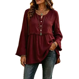 Bohemian style wine red long sleeve V-neck blouse for women featuring chic fringe details