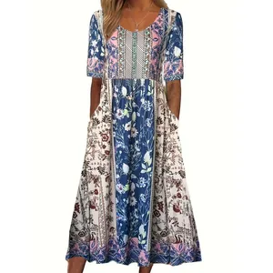 Elegantly designed summer bohemian floral print short sleeve midi dress with functional pockets