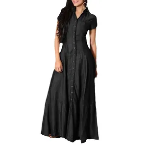 Elegant short sleeve shirt collar black maxi dress with full length buttons and large swing.