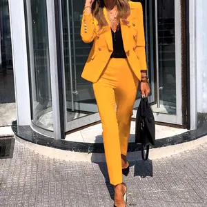 Sophisticated yellow two-piece business suit set for women with blazer and long pants