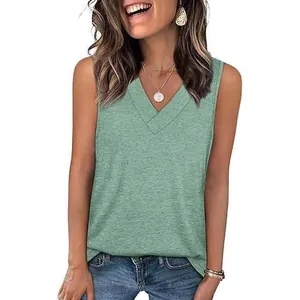 Women's casual loose V-neck sleeveless tank top in light green for summer wear
