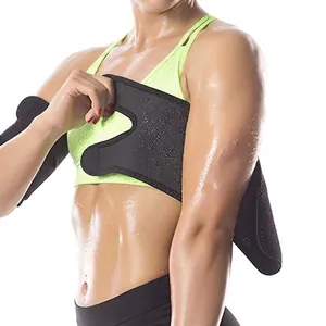 Detailed view of an adjustable neoprene sauna arm trimmer on sweaty skin during workout