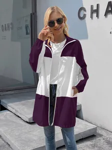 Stylish purple and white color-block waterproof jacket for outdoor hiking and casual wear