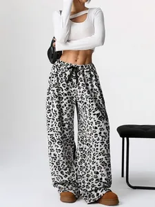 Trendy women's leopard print wide-leg trousers floor-length high waist casual pants