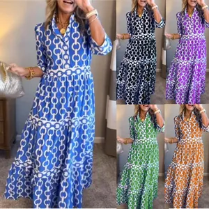 Women Geometric Chain Print Long Sleeve Maxi Dress Casual Crew Neck Patchwork A-Line Summer Vacation Party Long Dress