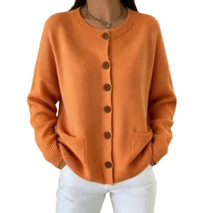 Stylish orange round neck knitted cardigan sweater for women with button-up detail