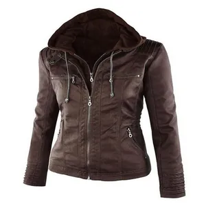 Stylish women's brown hooded faux leather jacket with multi-zipper details and ribbed sleeves